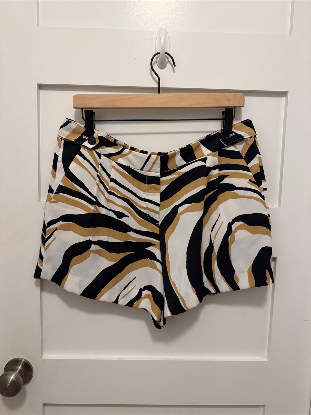 LOFT Zebra-Print Pleated Shorts in Black, White & Mustard